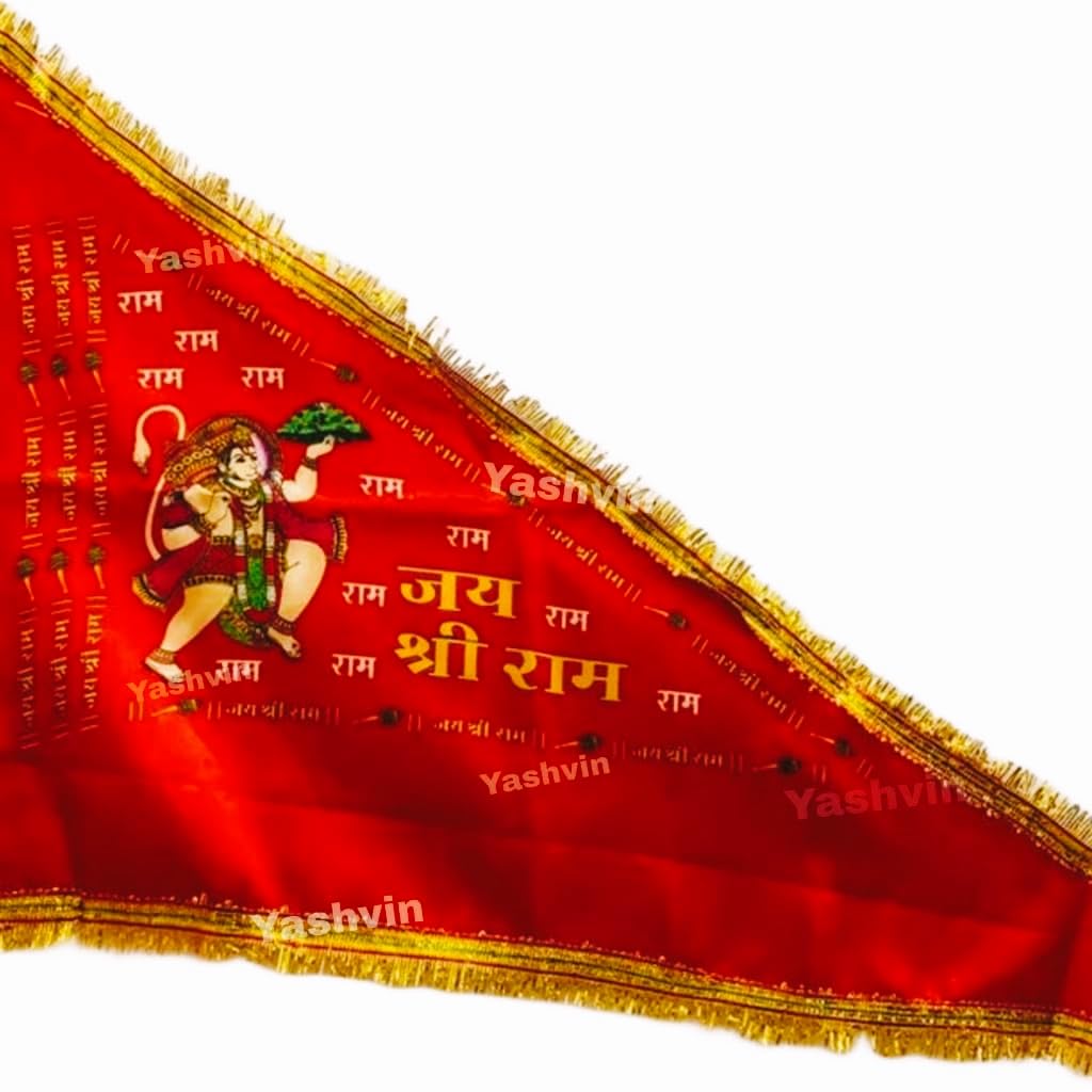 Pack of 2 Bajrangbali Satin Red Flag Hanuman Ji Flag Jai Shree Ram Jhanda Triangle Outdoor/indoor with Gota Work Pataka for Home Navratri Dhwaj ()YT897-picture-21
