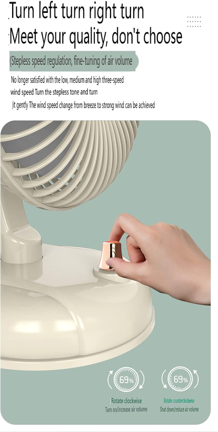 Desk Fan with Type-C Charging Port, Infinite Variable 6.7 Inch Small Desktop Table Fan,With 2000 milliampere battery, Strong Wind, Quiet Operation - Personal Fan for Home, Dorm Room (yellowish-white)