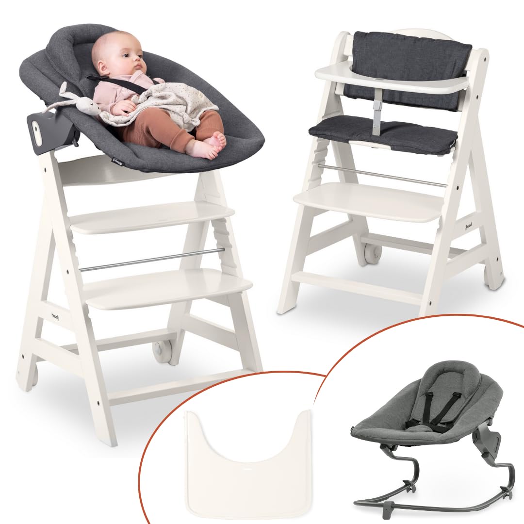 hauck Beta Newborn Set de Trona de Madera para Bebés - Tronas Evolutivas para Recién Nacidos con Hamaca Premium Cojín y Bandeja - Silla Alta Niños Comedor - Blanco