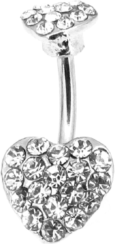 Belly Button Ring Navel Double Gem Heart Body Jewelry 14 Gauge 3/8" (10mm) Barbell Length 316L Stainless Steel Curved Barbell