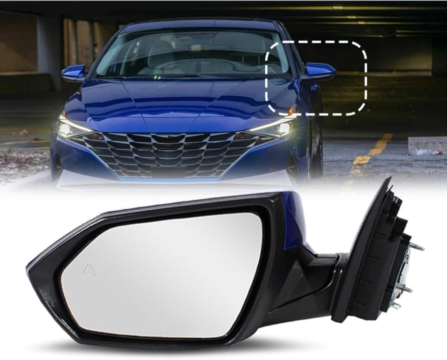 Left Driver Side door Mirror fit for 2021 2022 2023 Hyundai Elantra, Power Adjust, Heated, with Blind Spot, Blue Paint, 7 Pins, rear view, 87610-AB060 87610AB060