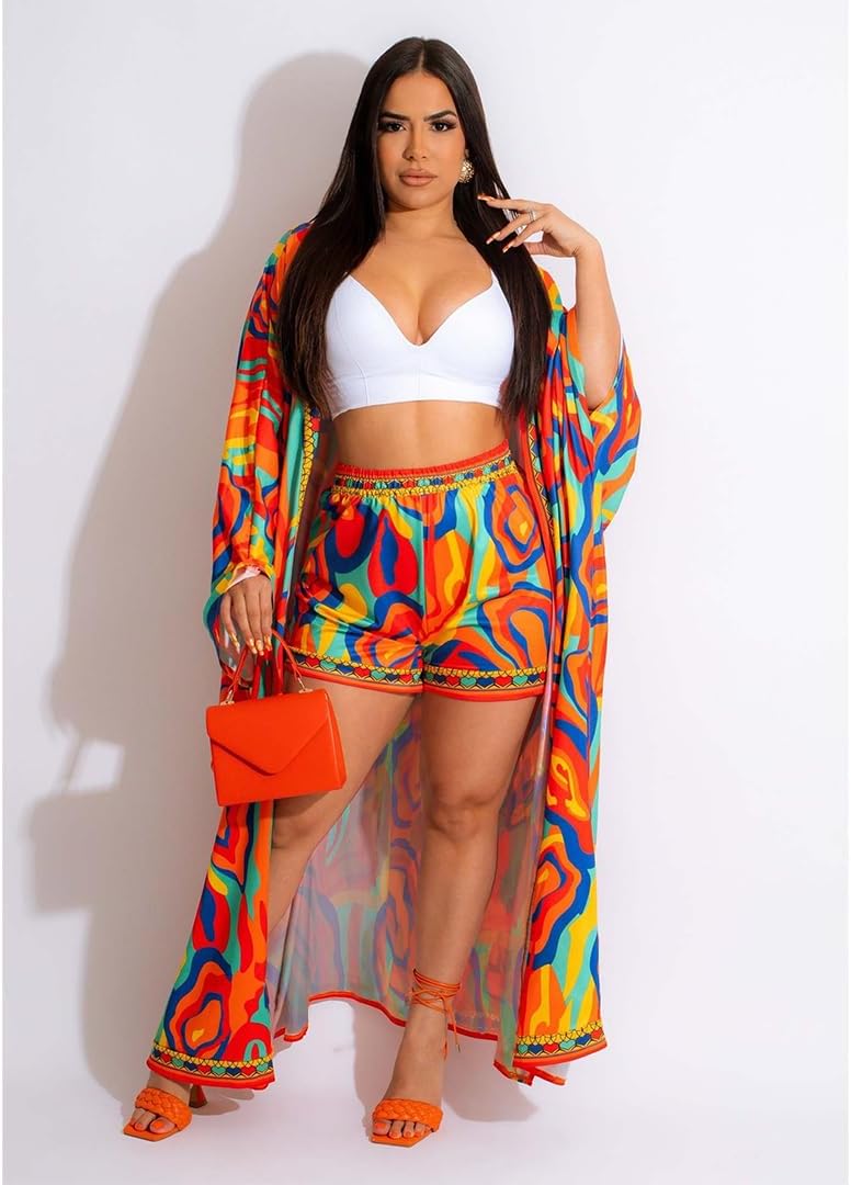 QegarTop Kimono Shorts Set for Women Two Piece Summer Vacation Outfits Flowy Beach Cover up Duster - Image 3
