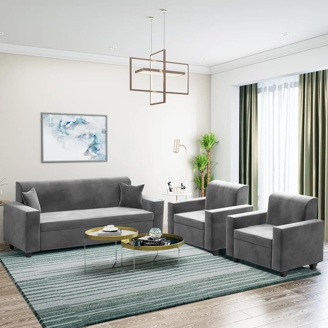 FURNY Qualitywood 5 Seater 3+1+1 Fabric Sofa Set (Light Grey)-image-30