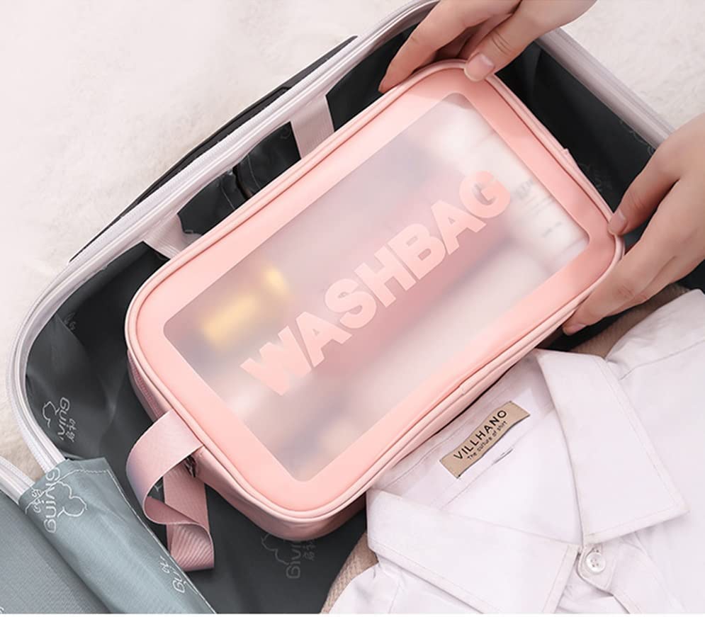 PAVITYAKSH Women Zipper 10 Cms Makeup Beauty Bags Transparent Make Up Organizer Storage Bath Toiletry Wash Bag Travel Waterproof Cosmetic Bag, PU PVC Cosmetic Makeup Pouch for Women,Girl(Pink) 2