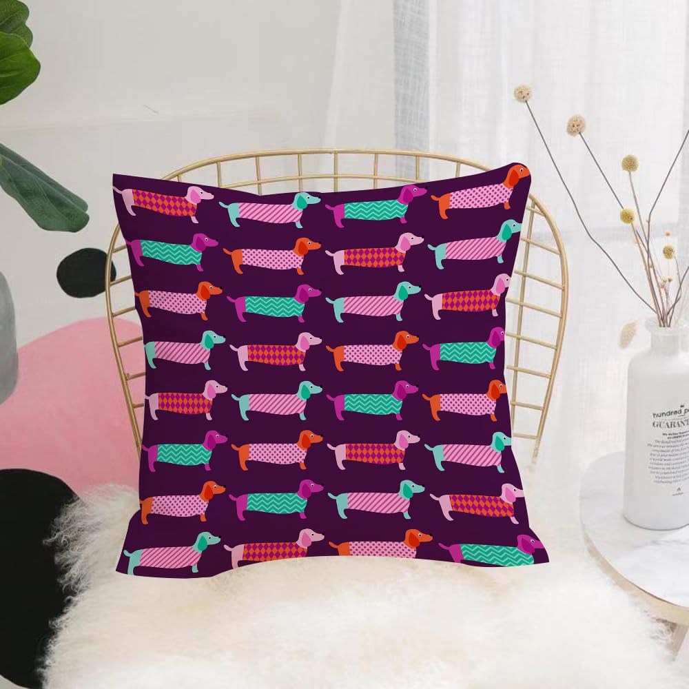 HYMSXW Cushion Cover,Throw Pillow Case Home Decorative for Living Room Bedroom Sofa Chair 20X20 Inch,Colorful dachshund dog in various costumes, repeating design on dark purple bac,Pillowcase 50X50cm