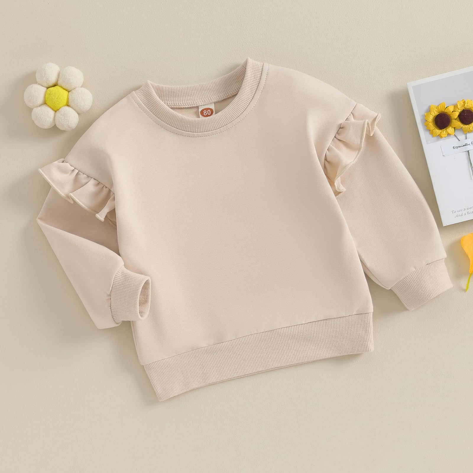 Newborn Baby Girl Oversized Sweatshirt Ruffle Long Sleeve Crewneck Cotton Pullover Sweater Tops Toddler Fall Clothes (Beige, 18-24 Months)