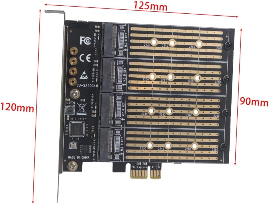 JMT M2 NGFF M Key B-Key SSD Adapter Card M.2 to PCI-E 3.0 X4 High Speed Expansion Card 1/2/4 Bay SATA Adapter for 2230-22110 SSD Conversion Card (SA3034M)