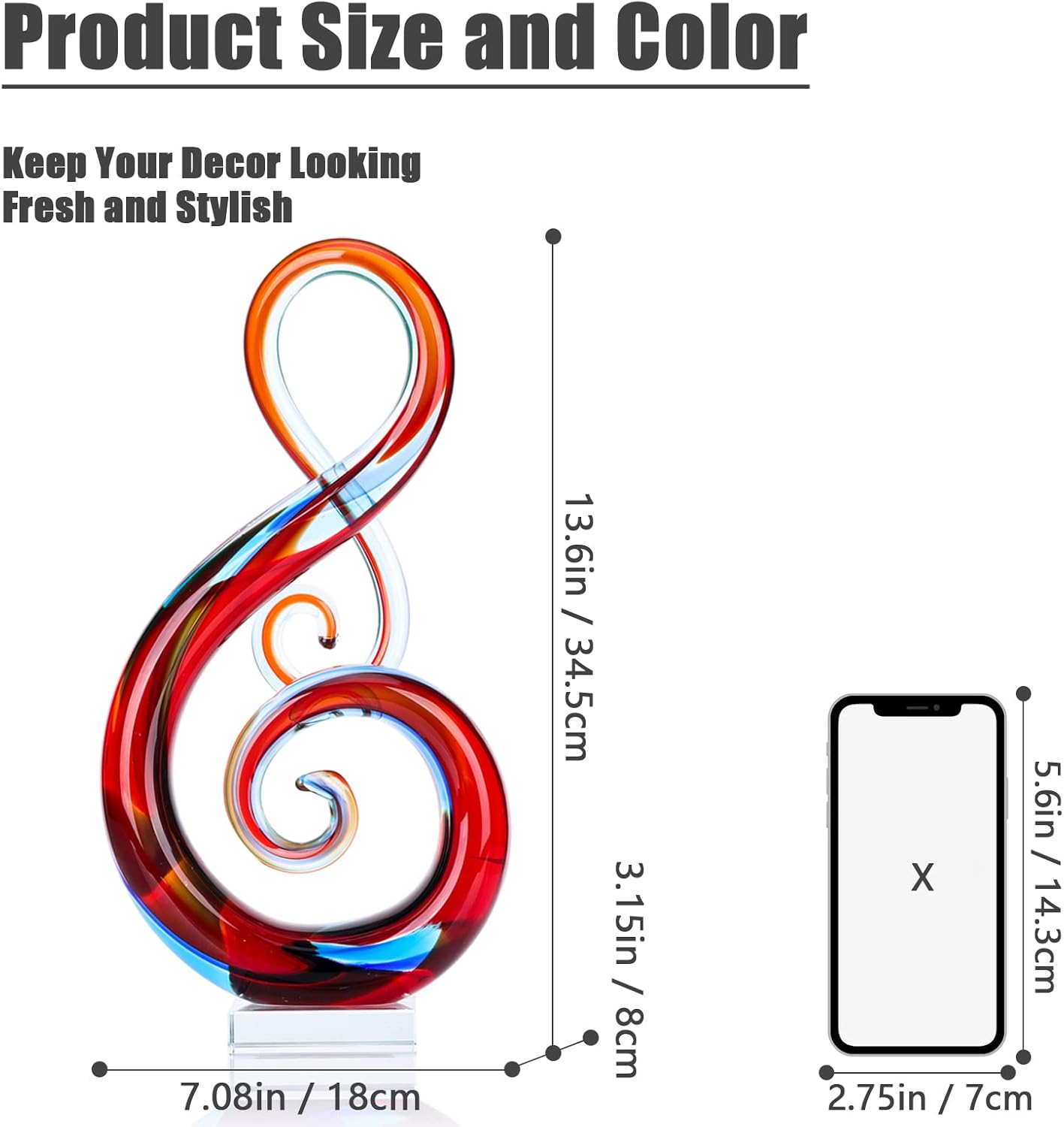 XMGZQ Multicolor Murano Glass Sculptures and Statues,Glass Music Note Statues, Hand-Blown Red Blue Glass Decor Art Modern Decorations for Coffee Tables,Offices,Room Decorations and Accessories Gift - Image 2