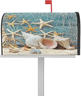 Mailbox Cover Magnetic Starfish Nautical Conch Summer Beach Mailbox Covers Standard Size 21x18in,Mailbox Covers Wrap Post Letter Box Cover for Garden Yard Outdoor Decor Vintage Blue Wood Grain