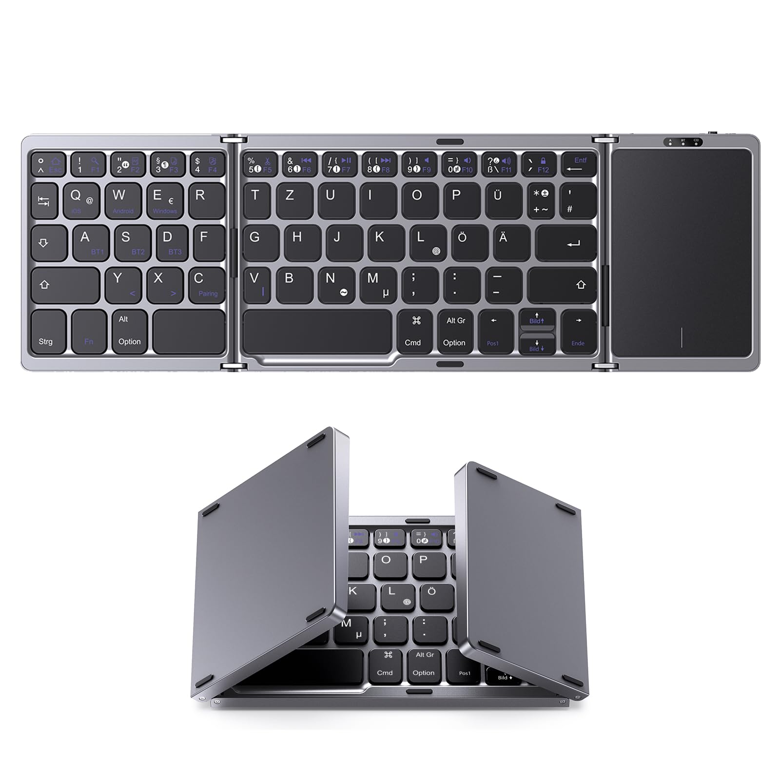 OMOTON Bluetooth-Faltbare-Tastatur, Kabellose Wiederaufladbare Klapptastatur mit Touchpad,3 Bluetooth Kanälen,Tragbare Mini Tastatur für iOS, Android, Windows,QWERTZ
