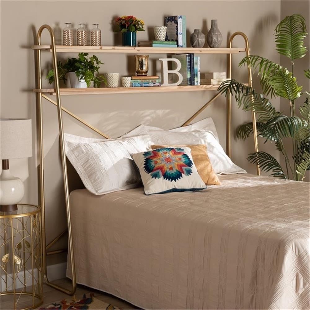 Merida Glam Brushed Gold Metal and Natural Brown Wood 2-Tier Over Bed Queen Size STORAG