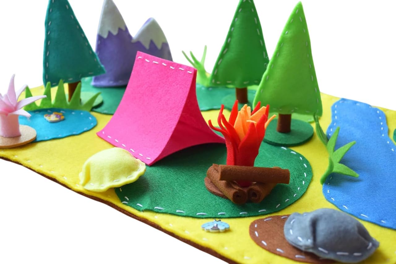 Camping Felt Play Mat, Waldorf Play Set, Small World for Kids, Pretend Play, Travel Educational Toy, Playscape Children Activity Imagination, Camping Adventure Toy, Interactive Play Set