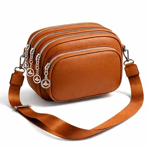 Bolsa Transversal Feminina Couro Sintético com 4 Zíperes, Alça Grossa Removível, Compacta e Versátil