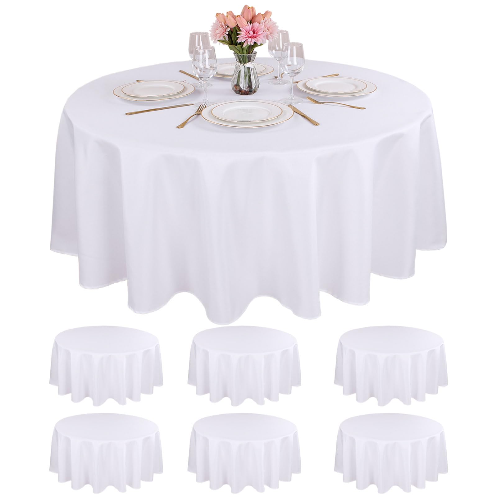 Photo 1 of Kesfey 6 Packs Round Tablecloth 70 Inches White Polyester Table Cloths Stain and Wrinkle Resistant Tablecloths for Round Tables Washable Circle Fabric Tablecovers for Wedding Camping Banquet Parties