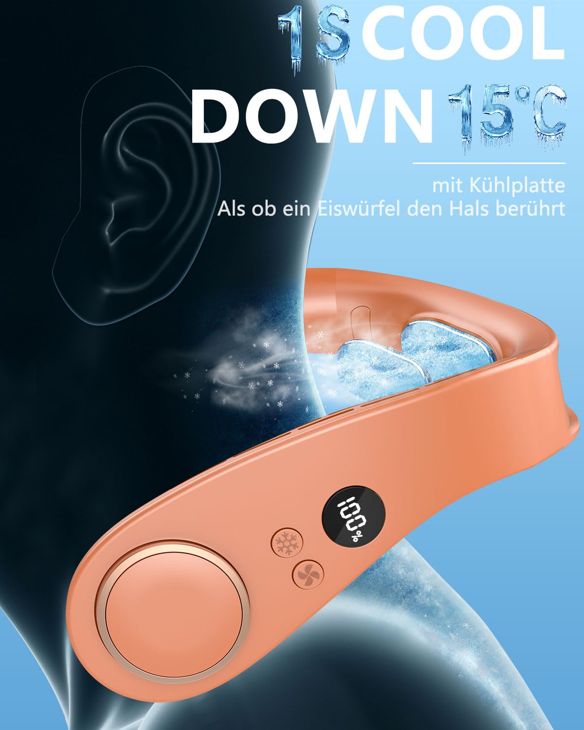 Kouric Hals Ventilator mit Kühlung,5500mAh Tragbarer Ventilator zum Umhängen,Air Conditioner Portable Fan Orange
