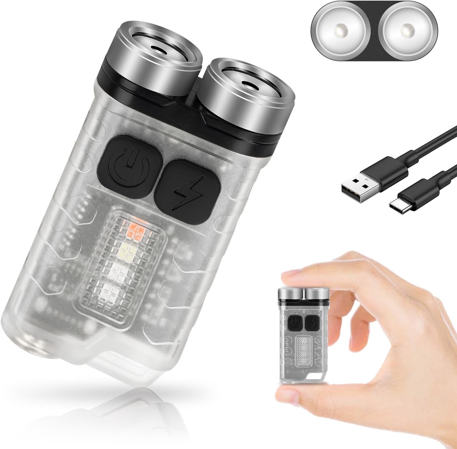FTOYIN EDC Flashlight with charging cable and a hand holding the mini flashlight