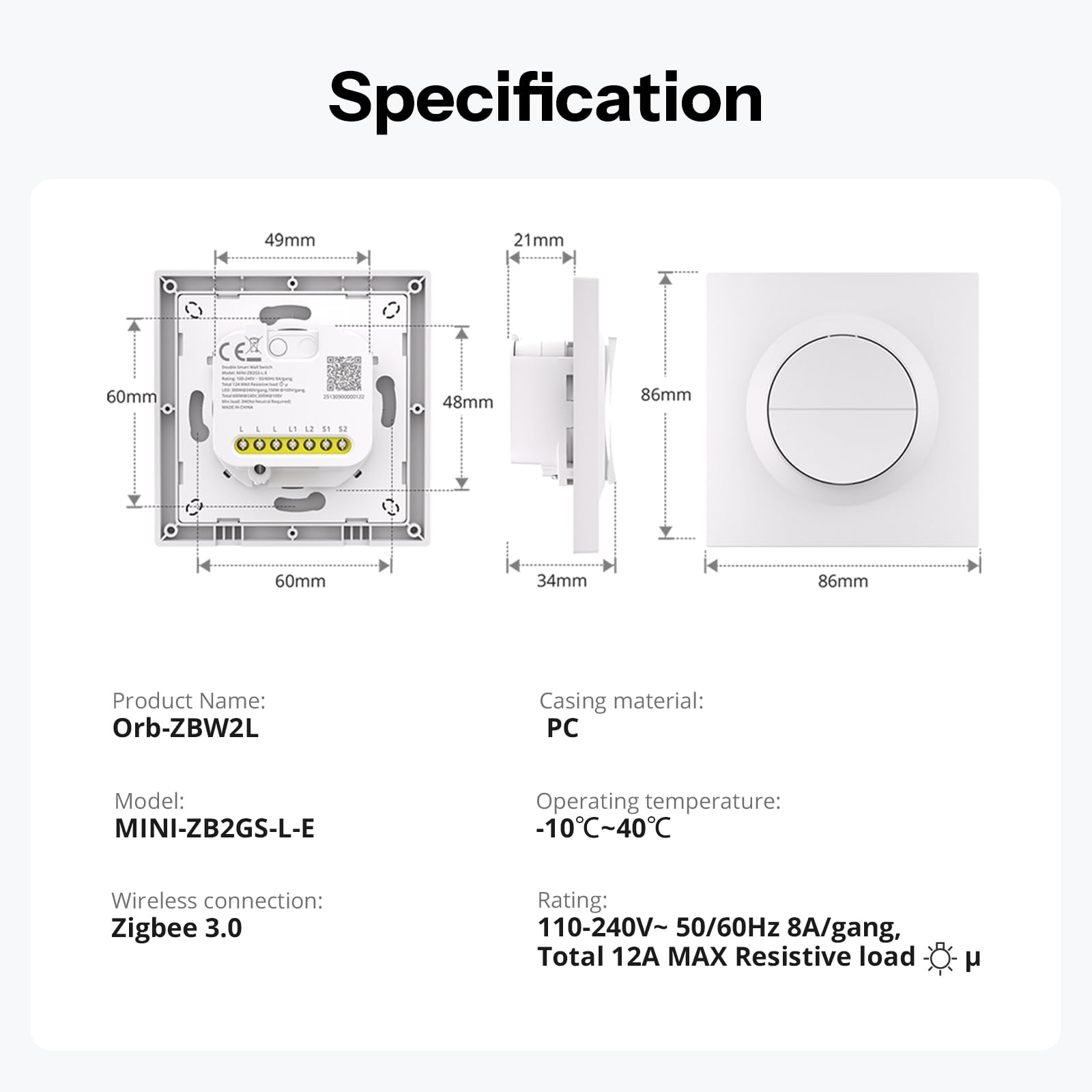 SONOFF Fusion, Orb-ZBW2L(MINI-ZB2GS-L-E) Interruptor de Luz Inteligente, Interruptor de Pared Zigbee 2 Canales, Sin Cable Neutro, 12A/total, Compatible con Home Assistant