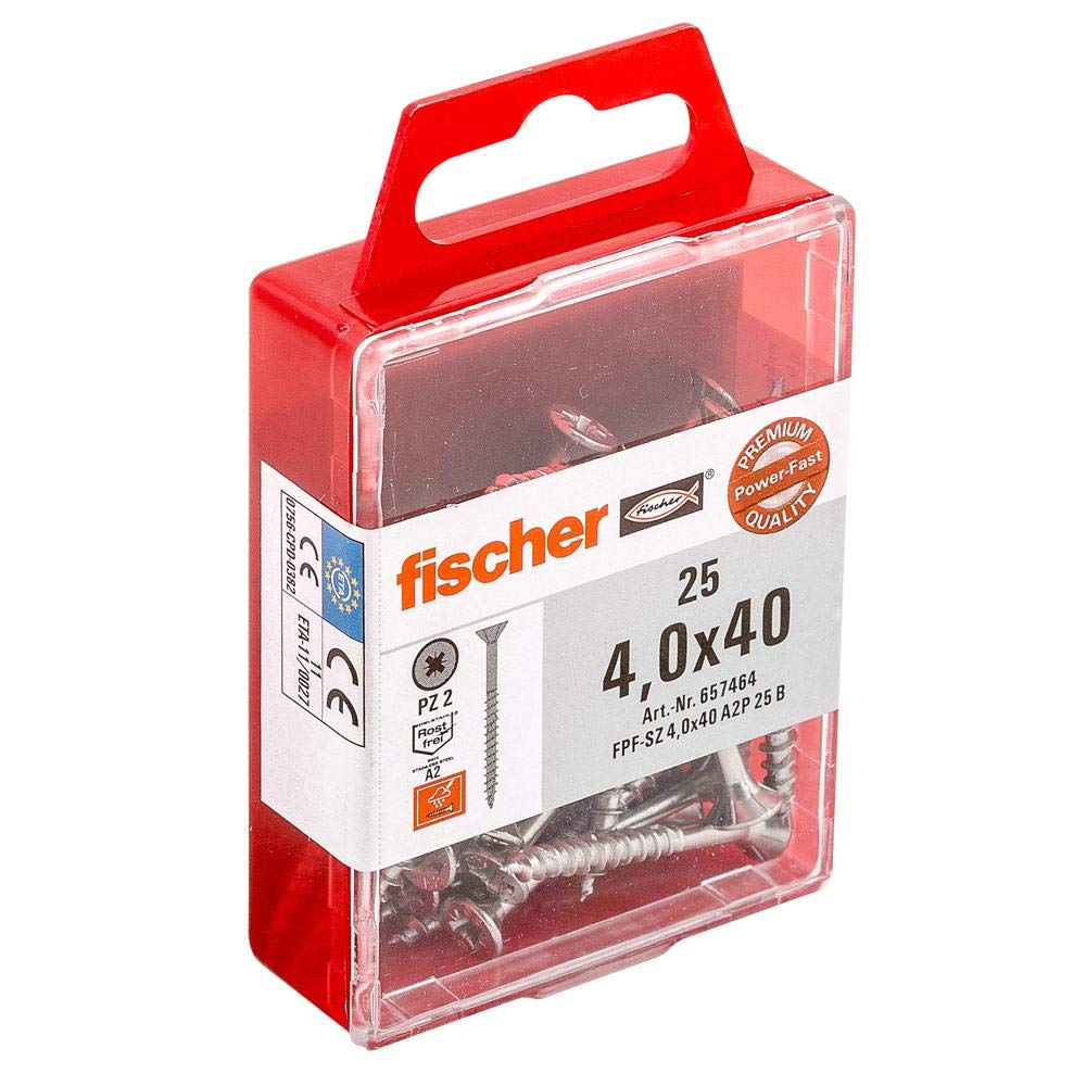 Fischer 657464 4.0 x 40 mm A2 TG PZ "Power-Fast" Countersunk Head-Screw - Multi-Colour (25-Piece)