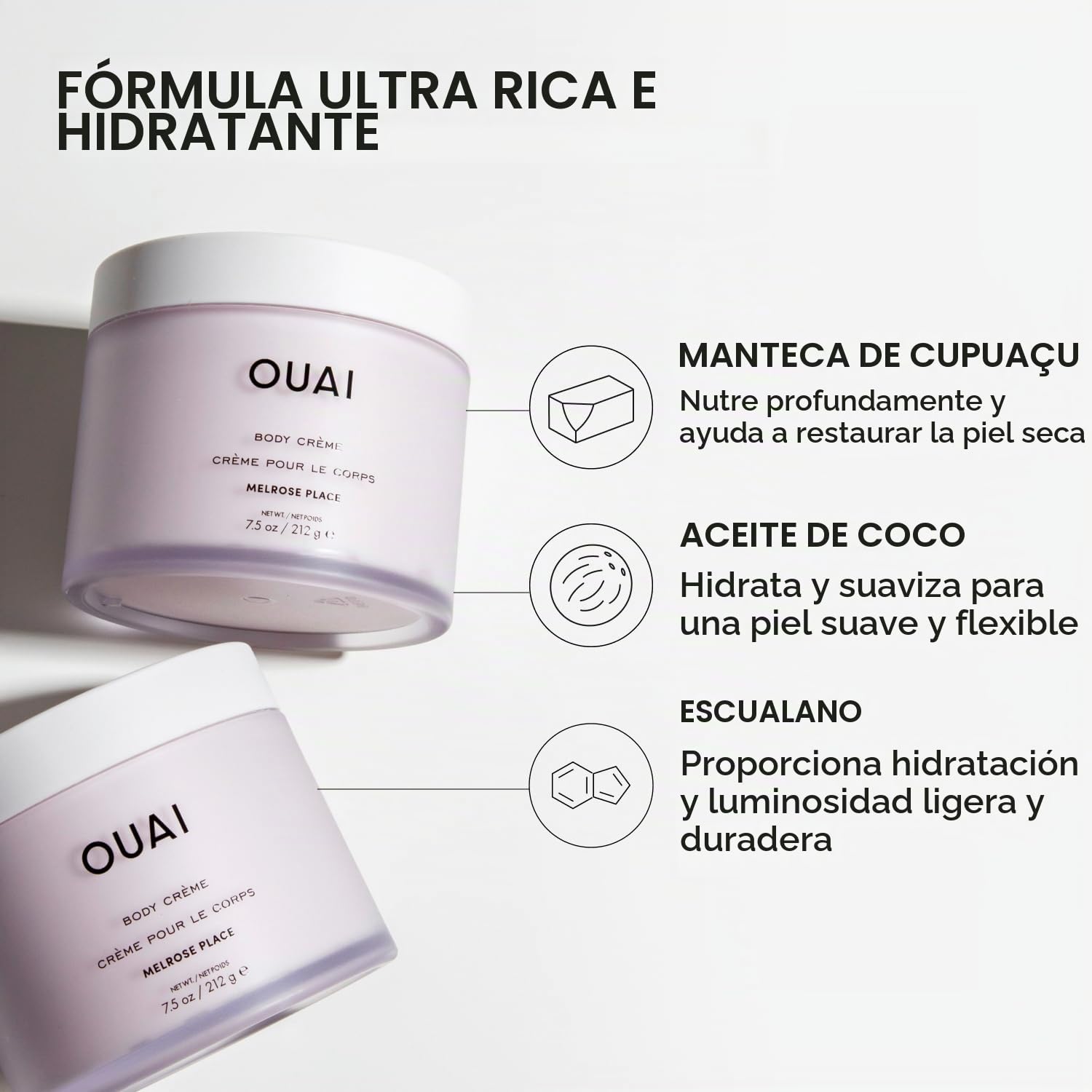 OUAI Body Cream Melrose Place – Crema corporal hidratante con mantequilla de cupuaçu, aceite de coco y escualano – suaviza la piel y da brillo, sin sulfatos, 212 g