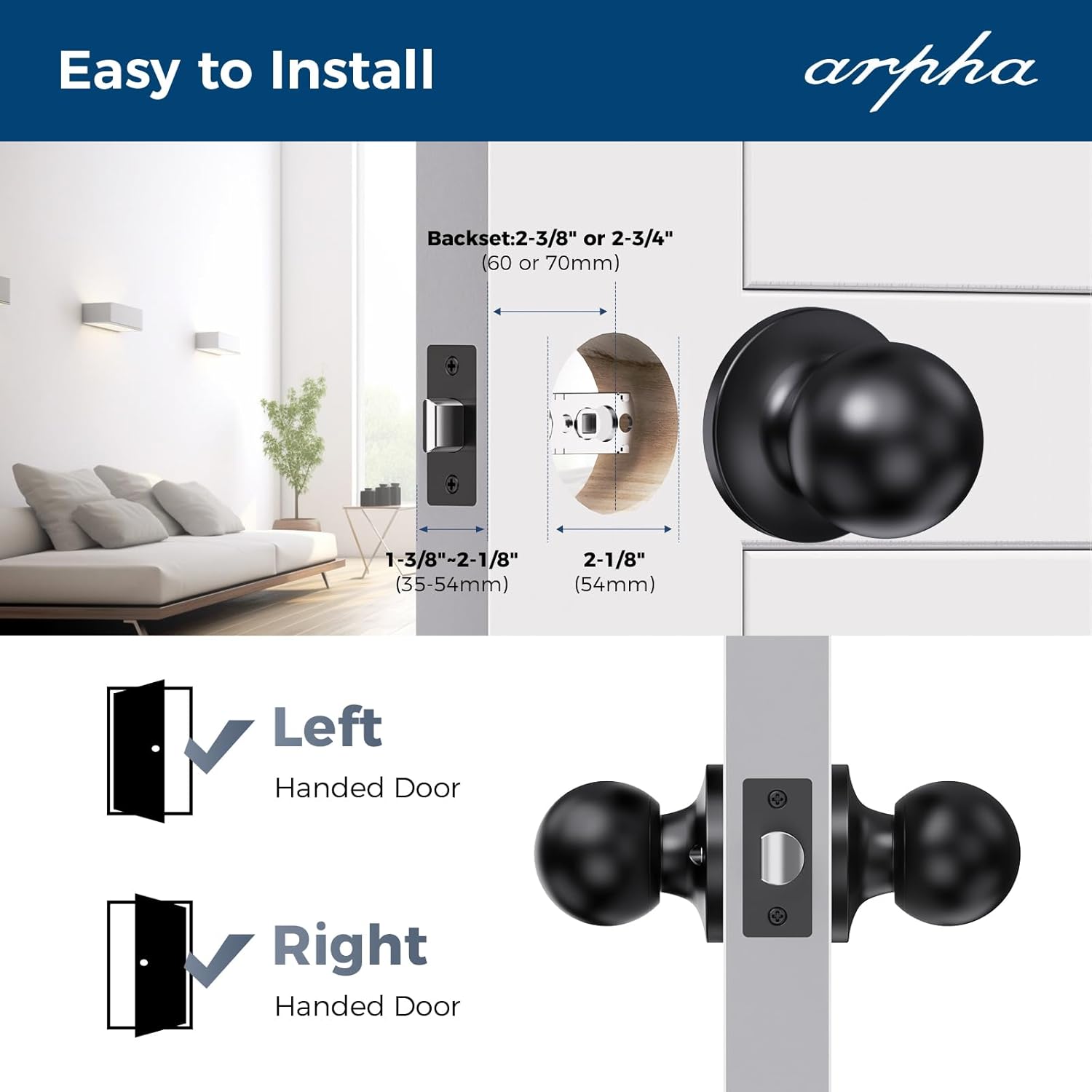 Installation diagram showing door knob measurements and left/right door compatibility