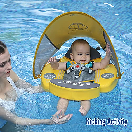Preself Upgraded Baby Float Non-Inflatable Mambobaby Swim Ring, Infant Soft Solid Swimming Trainer, Baby Pool Float With Removable Upf 50+ Uv Sun Protection Canopy (Light Blue Ladybug) #TOP4