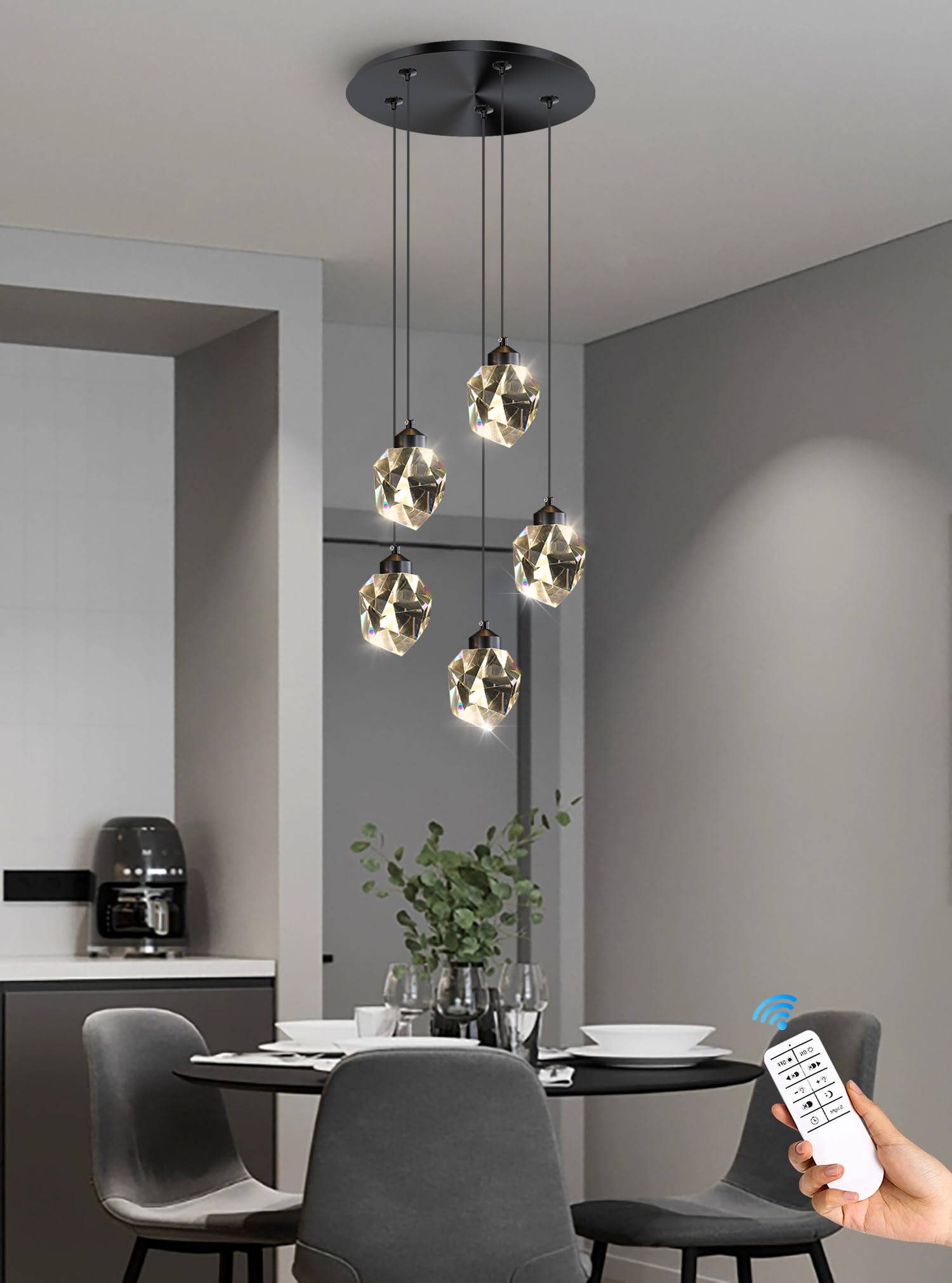 5-Light Cluster Crystal Raindrop Pendant Lights- 25W Black LED Dimmable ...