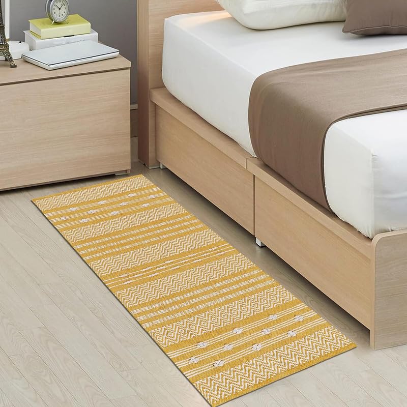 Image of FIASCO Hand Woven 100% Natural Cotton Export Quality Designer Striped Rug, Bed Side Runner Rug Carpet for Bedroom, Passage,Living Room, Size- 2X5 Feet Yellow & White Zig zag New