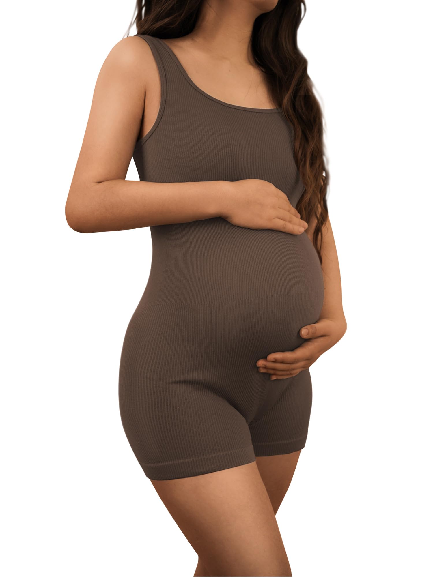 Women's Maternity Bodysuit Pregnancy Shapewear Sleeveless Tank Top Shorts Ribbed Romper Jumpsuit