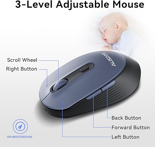 Miniatura 6 de AUSDOM Combo de teclado y mouse inalámbricos, sensación mecánica de 108 teclas, teclado silencioso recargable de tamaño completo de 2.4 G y mouse