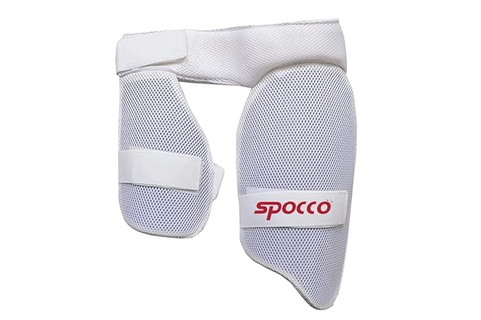 SPOCCO | Thigh Guards, Lower Body Safety, Protection Equipment for Cricket Players, Flexible Fit, Cricket Thigh Pads for Adults, Boys and Men (White) | TG91
