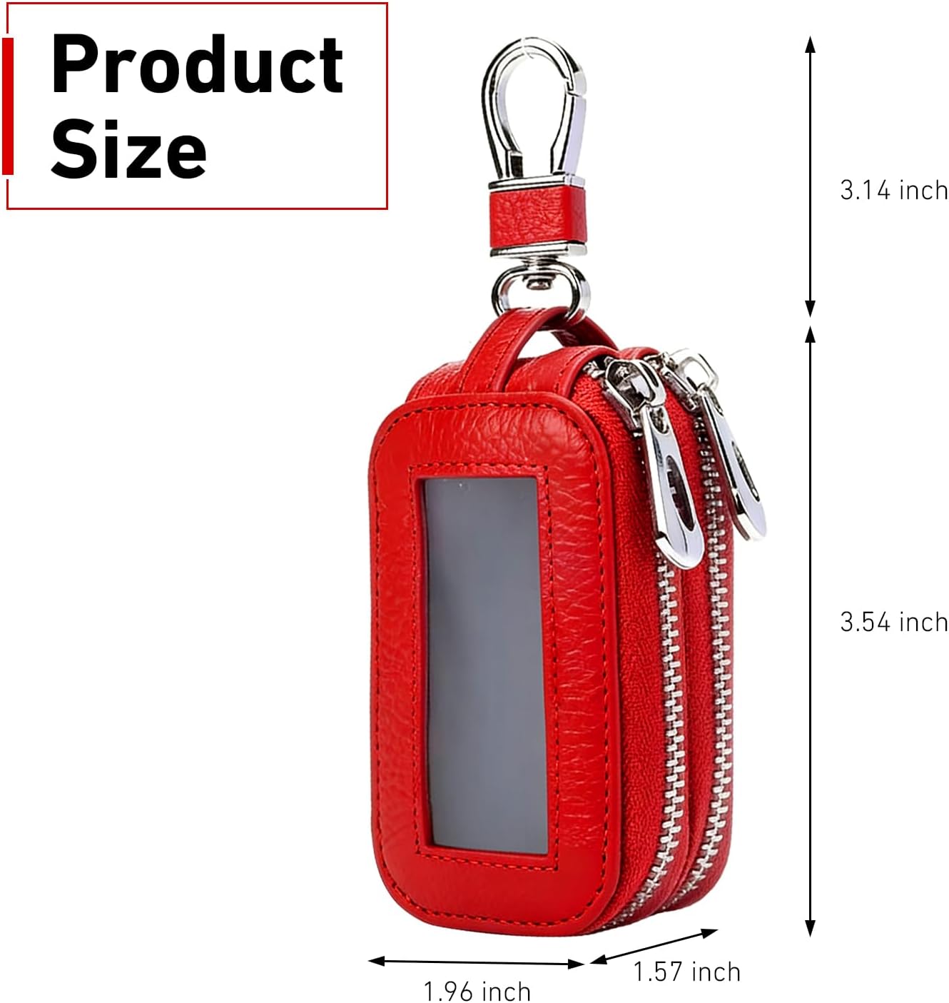 Car Key Fob Case, Double-Layer Genuine Leather Car Key Cover with Metal Hook, Mini Remote Key Fob Holder for Men Women (Red) image 2