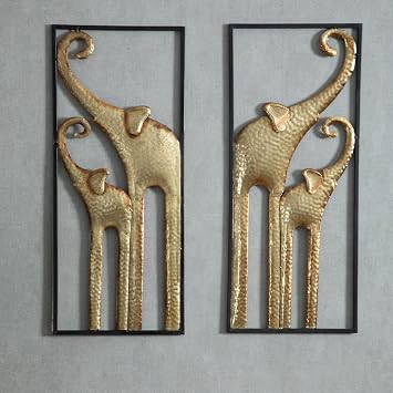 HKaikzo Set of 2 Elephant Wall Decor, African Wall Decor, Gold Elephant Wall Art, Animal Decorations for Living Room, Modern Metal Decor11.8x27.6in