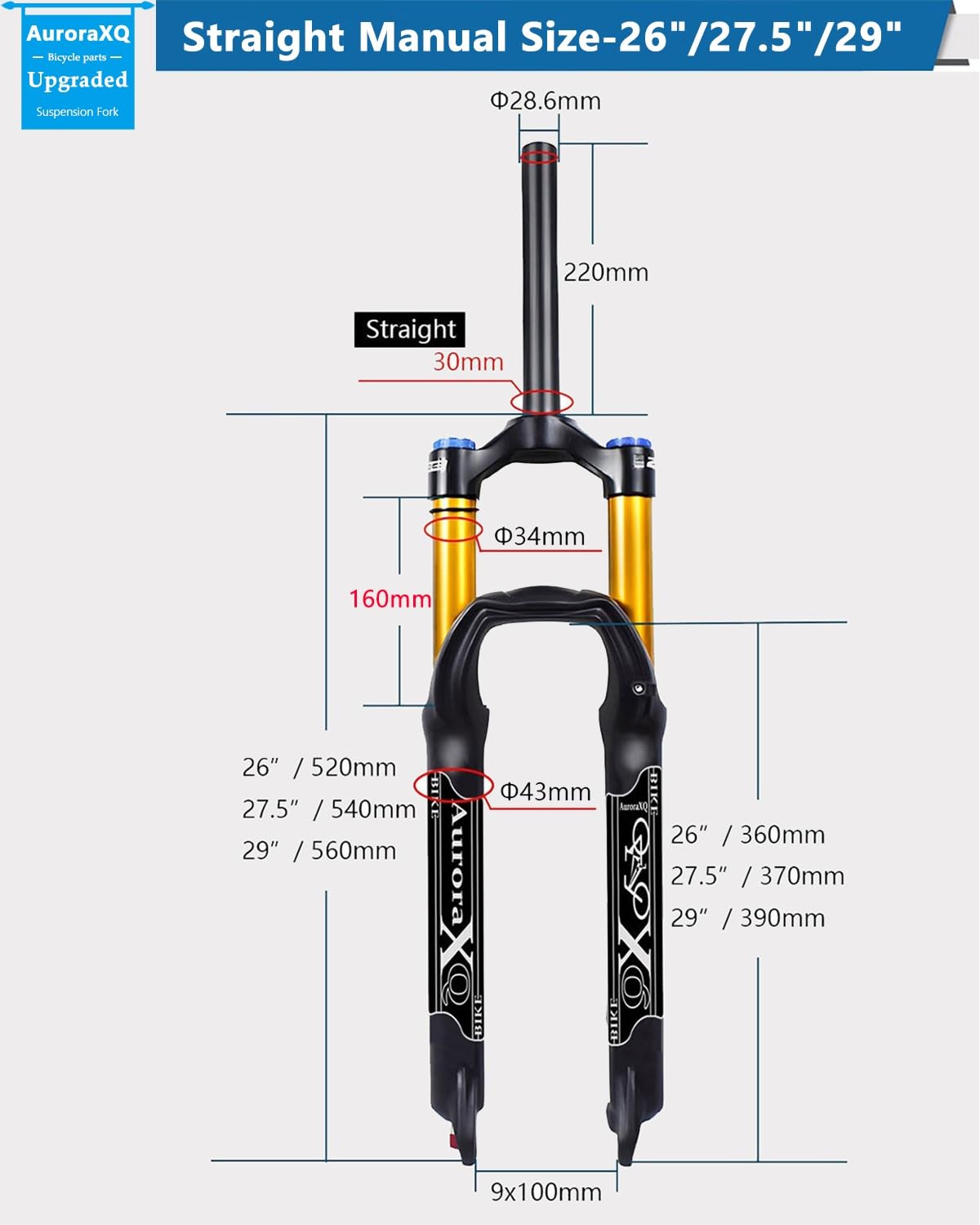 AuroraXQ Downhill Fahrrad MTB Luft Federgabel 26/27,5/29 Zoll Gerade/Konisch, Federweg 160mm 1-1/8" Aluminiumlegierung für Mountainbike, AM, XC, DH(Straight Manual,26 Zoll)