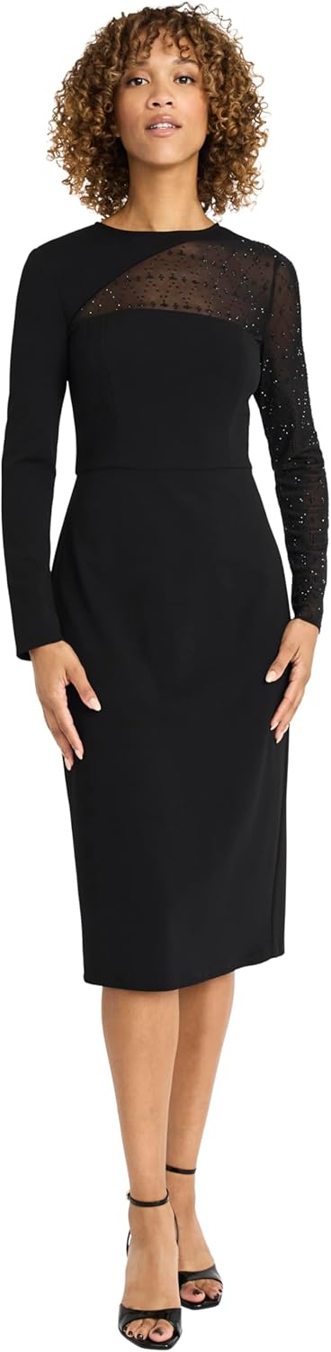 Maggy London Womens Fitted Midi Dress - Sheer Sparkly Long Sleeves - Formal Evening Dress