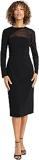 Women's Fitted Midi Sheer Sparkly Long Sleeves-Formal Evening Dress