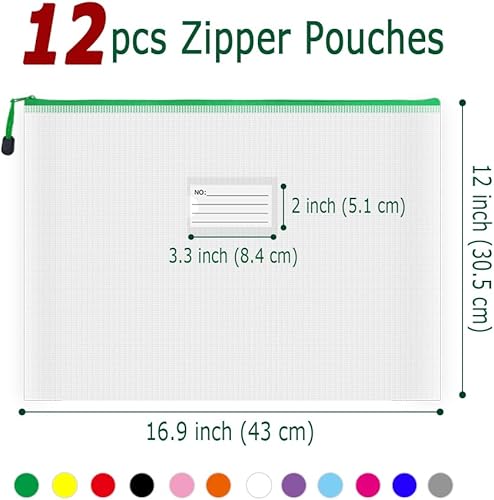 Miniatura 27 de AUSTARK Bolsa de malla de plástico con cremallera, 12 bolsas de archivos con cremallera con bolsillo para etiquetas, bolsas de almacenamiento