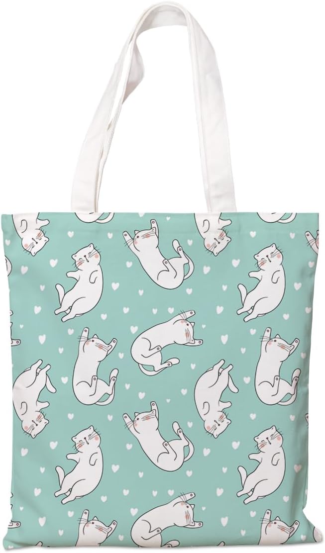 Aesthetic Canvas Tote Bag for Women, Cute Cat Cotton Handbag, Stylish Tote Bag for Shopping Traveling Daily Use, Great Gift To Cat lovers, Reusable Canvas Grocery Shopping Bags 047