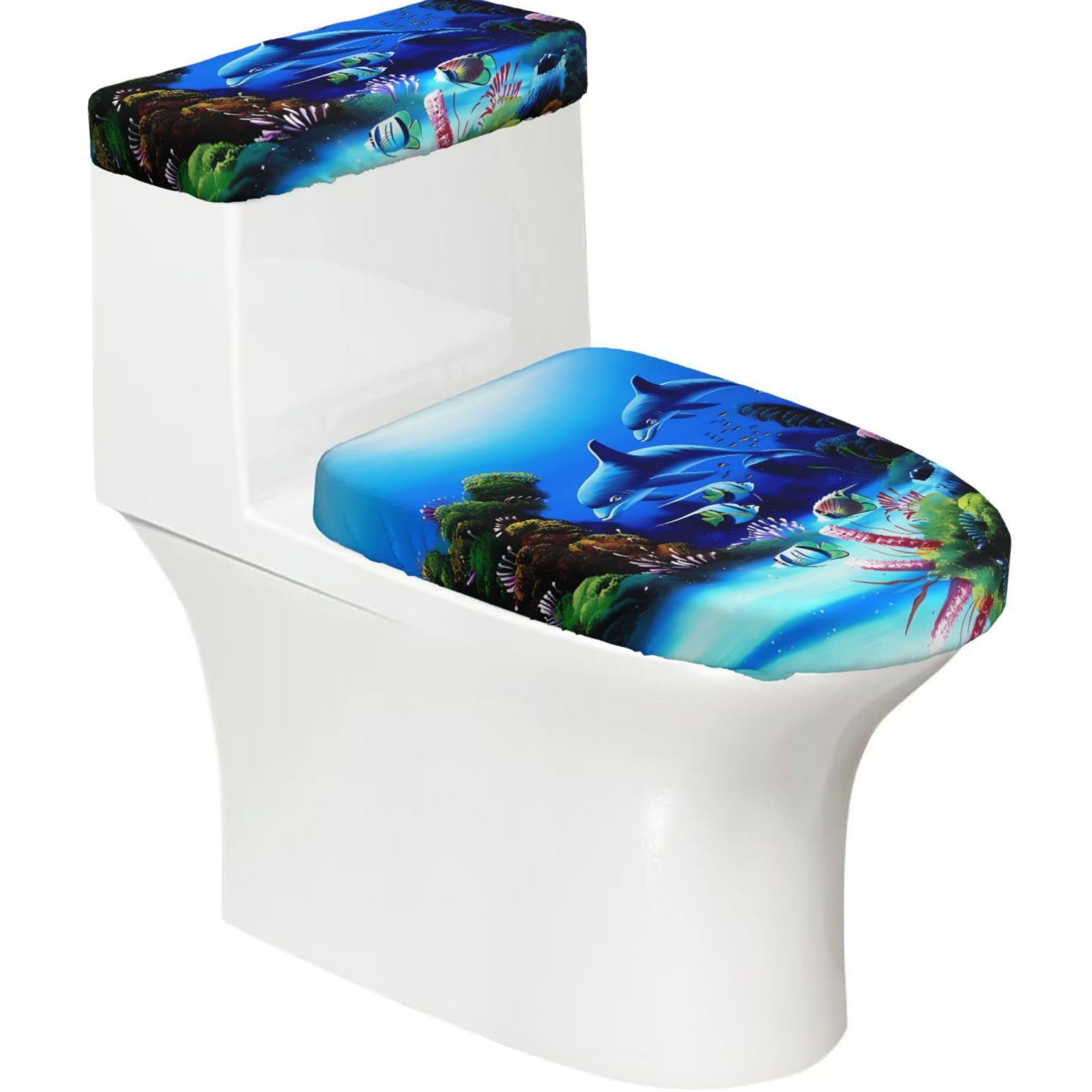 Beautiful Underwater World Dolphins Coral 2-Piece Toilet Seat Cover Set with Tank Lid - Elastic for U-Shape & Elongated - Bathroom Decor