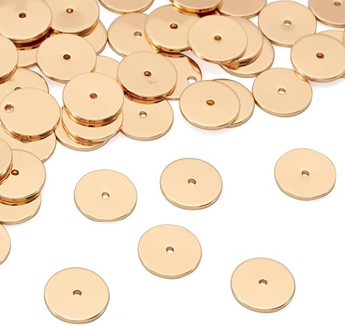 Craftdady 50 cuentas redondas planas chapadas en oro de 18 quilates de latón galvanizado de 0.394 pulgadas para hacer joyas agujero 0.059 pulgadas