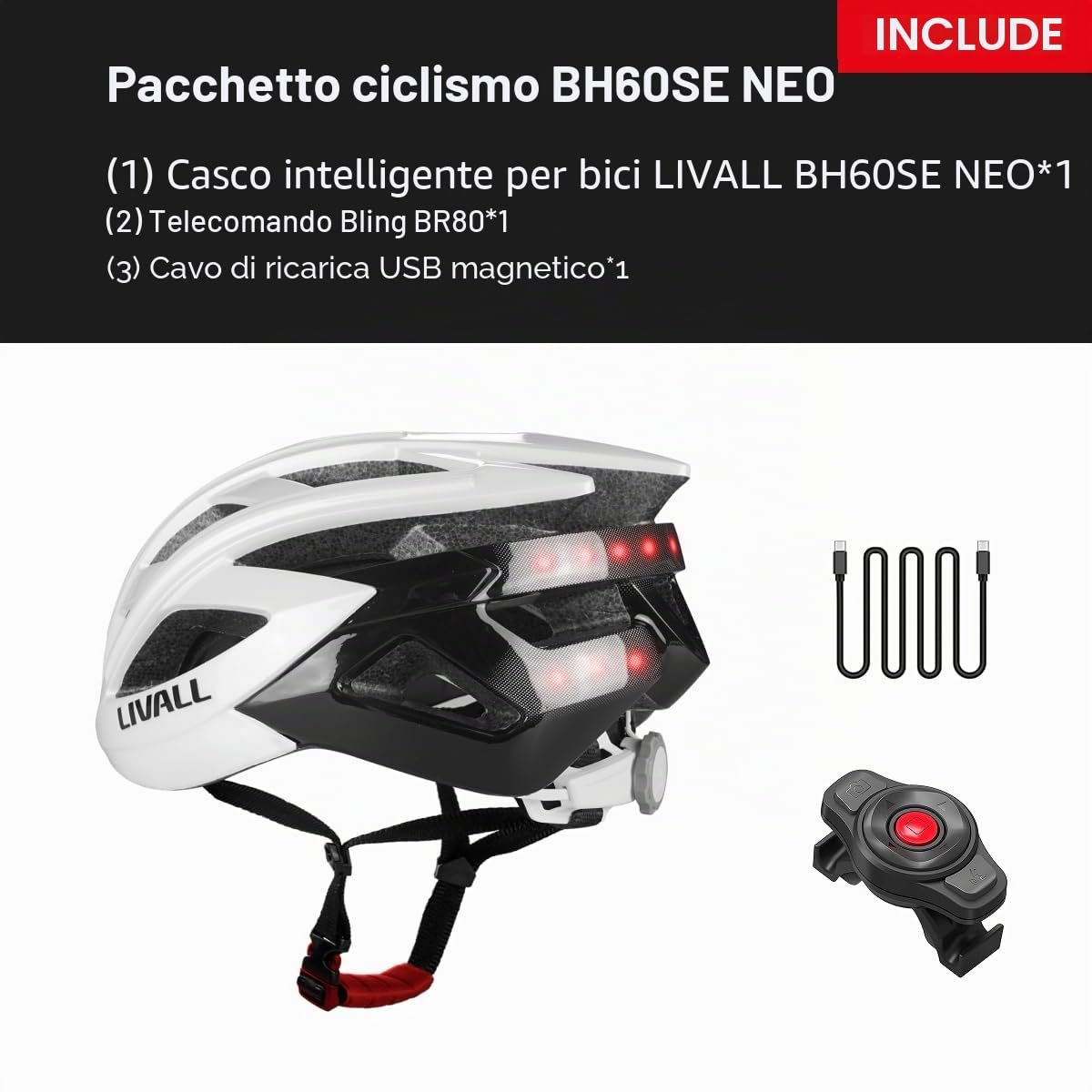 Casco da Bici Bluetooth con Luce LED, Casco Bicicletta Smart con Telecomando, Allarme SOS e Microfono e Altoparlante Integrati, Uomo e Donna