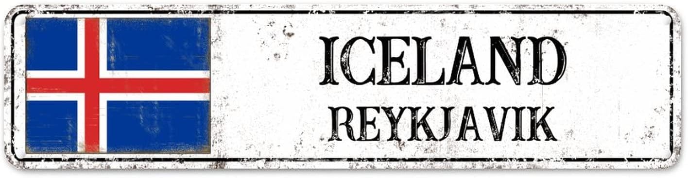 Personalized Iceland Street Sign Iceland Flag Signs Capital City of Iceland Metal Tin Sign Road Wall Art Rustic Country City Indoor & Outdoor Decor for Home Man Cave Door Porch Garden Party 24x6in
