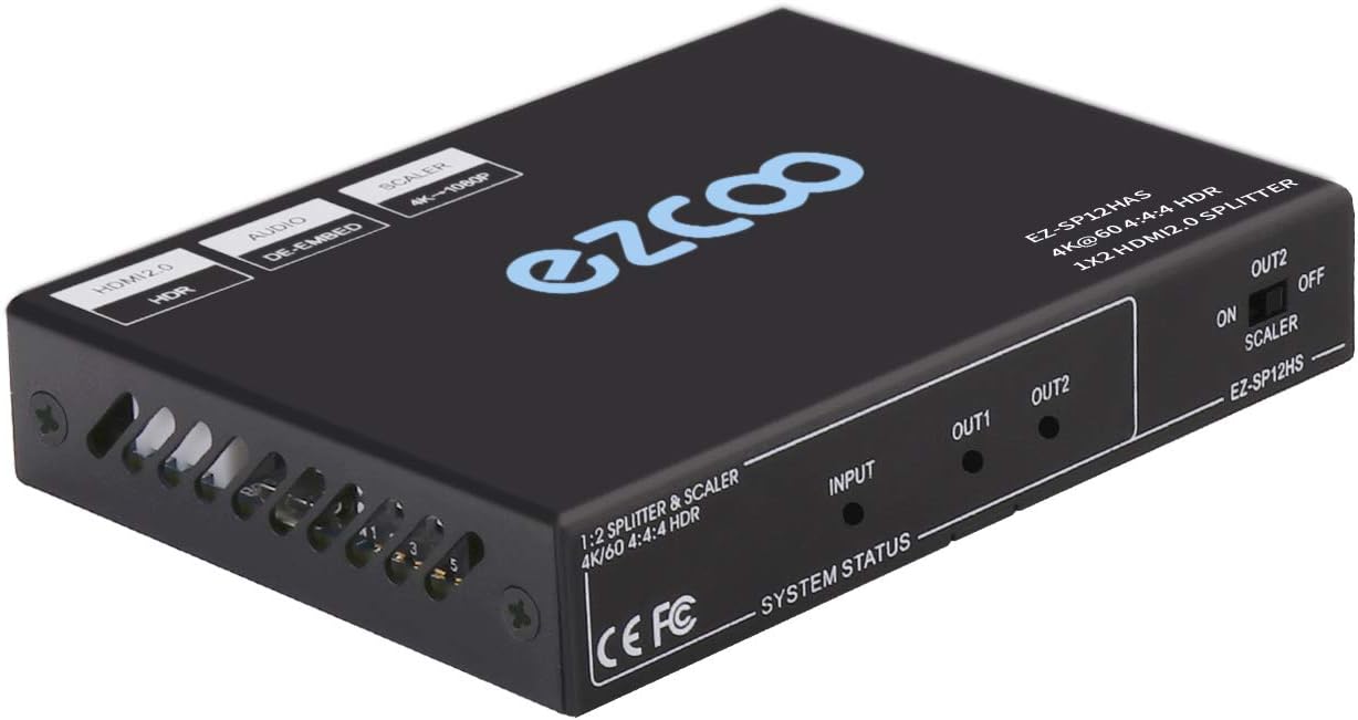 EZCOO HDMI Splitter 1x2 4K 60Hz 4:4:4 18Gbps HDR Dolby Vision HDCP 2.2, Audio Breakout SPDIF Optical 5.1CH, Support HDMI Scaler 4K 1080P Work Together, with Firmware Upgrade