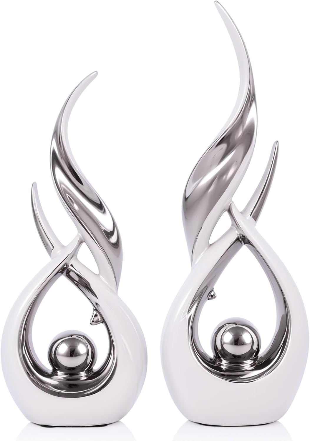 2 PCS White Silver Ceramic Statues For Home Decor Accents, Modern Abstract Art Sculptures, Elegant Tabletop Decorative Objects For Dining Room, Entryway, Tv Stand, Mantel, Coffee Table Centerpieces