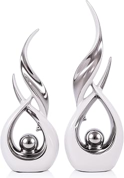2 PCS White Silver Ceramic Statues For Home Decor Accents, Modern Abstract Art Sculptures, Elegant Tabletop Decorative Objects For Dining Room, Entryway, Tv Stand, Mantel, Coffee Table Centerpieces