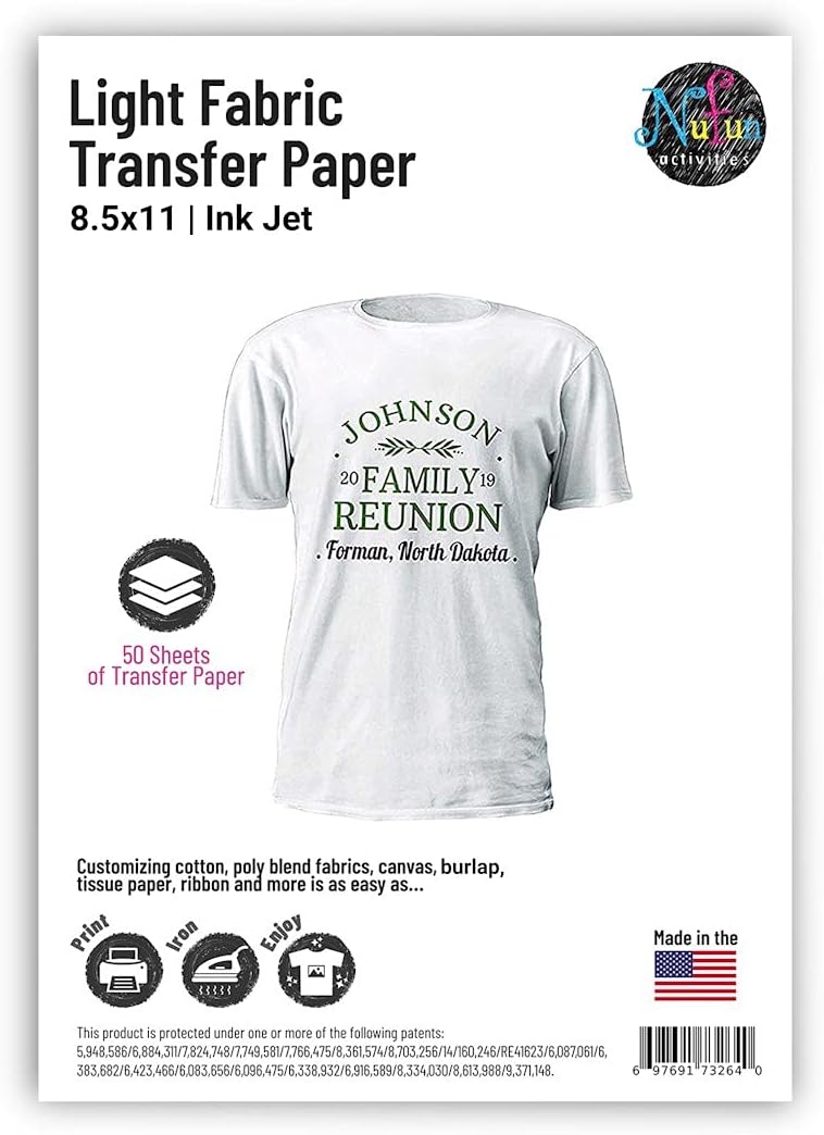 NuFun ActivitiesInkjet Printable Iron-On Heat Transfer Paper, Light Fabrics, 22cm x 28cm (50 Sheets)
