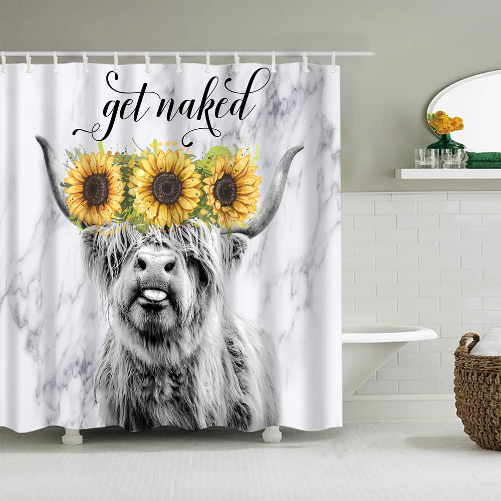 Funny Highland Cow Shower Curtain – Get Naked Cute Animal Farmhouse Bathroom Decor, 70x70 Inches
