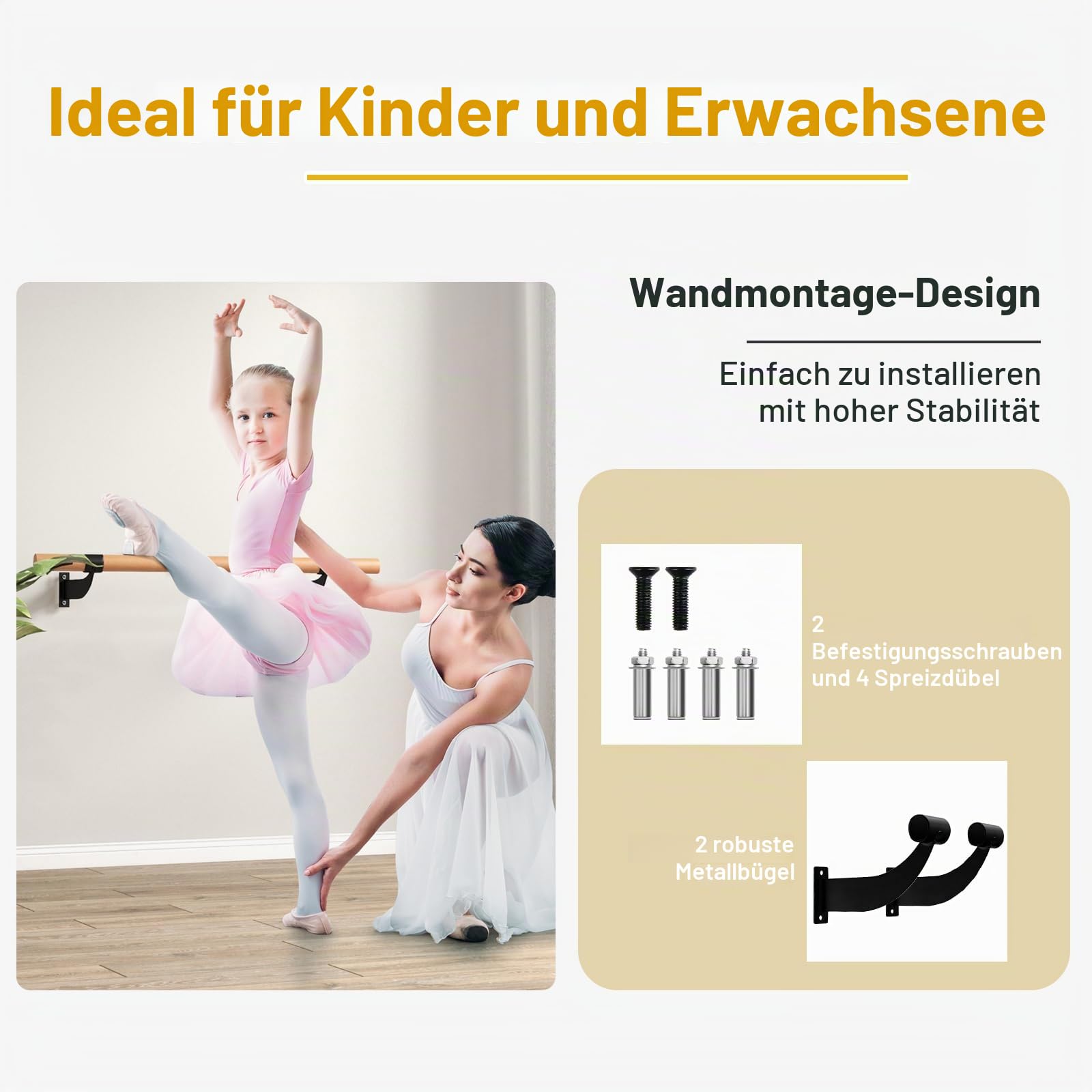 KOMFOTTEU Ballettstange 120cm Wandmontage, Ballett Tanzstange Ø 38 mm aus Buchenholz, Ballettstangenhalter Übungsstange für Yoga Stretching Fitnessstudio