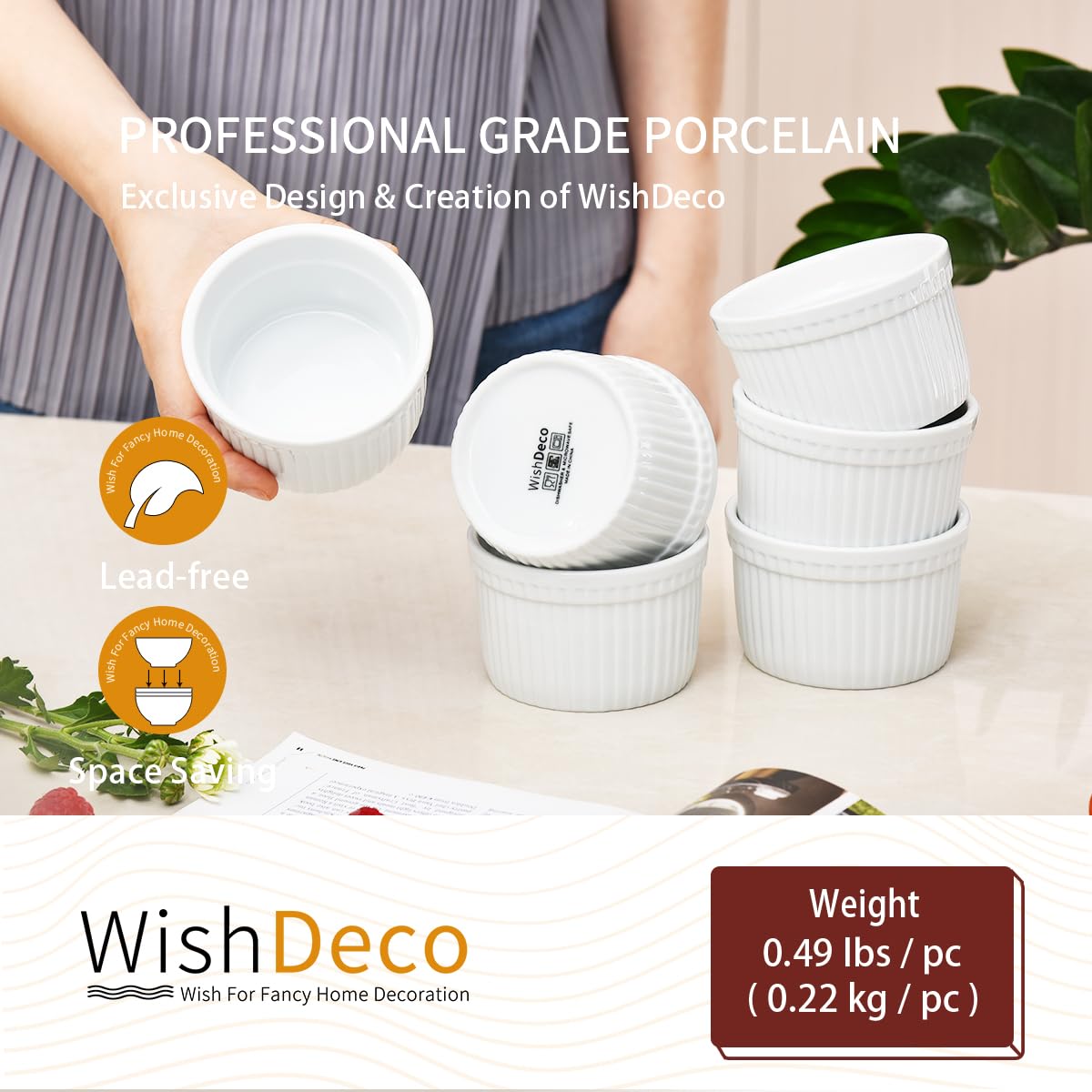 WishDeco Lot de 6 Ramequins, 200 ml Ramequin Creme Brulee, Moules à Soufflé en Porcelaine, Plat à Four Blanc pour Muffin, Gâteau, Dessert, Sauce