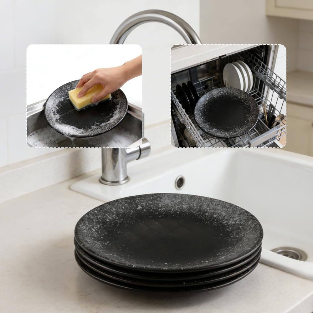 Lot de 4 Assiettes Plates Rond Assiette Porcelaine 20,7 x 2,2 cm Assiette Creuse Noir Assiettes Service de Table pour Nouilles, Salades, Dessert