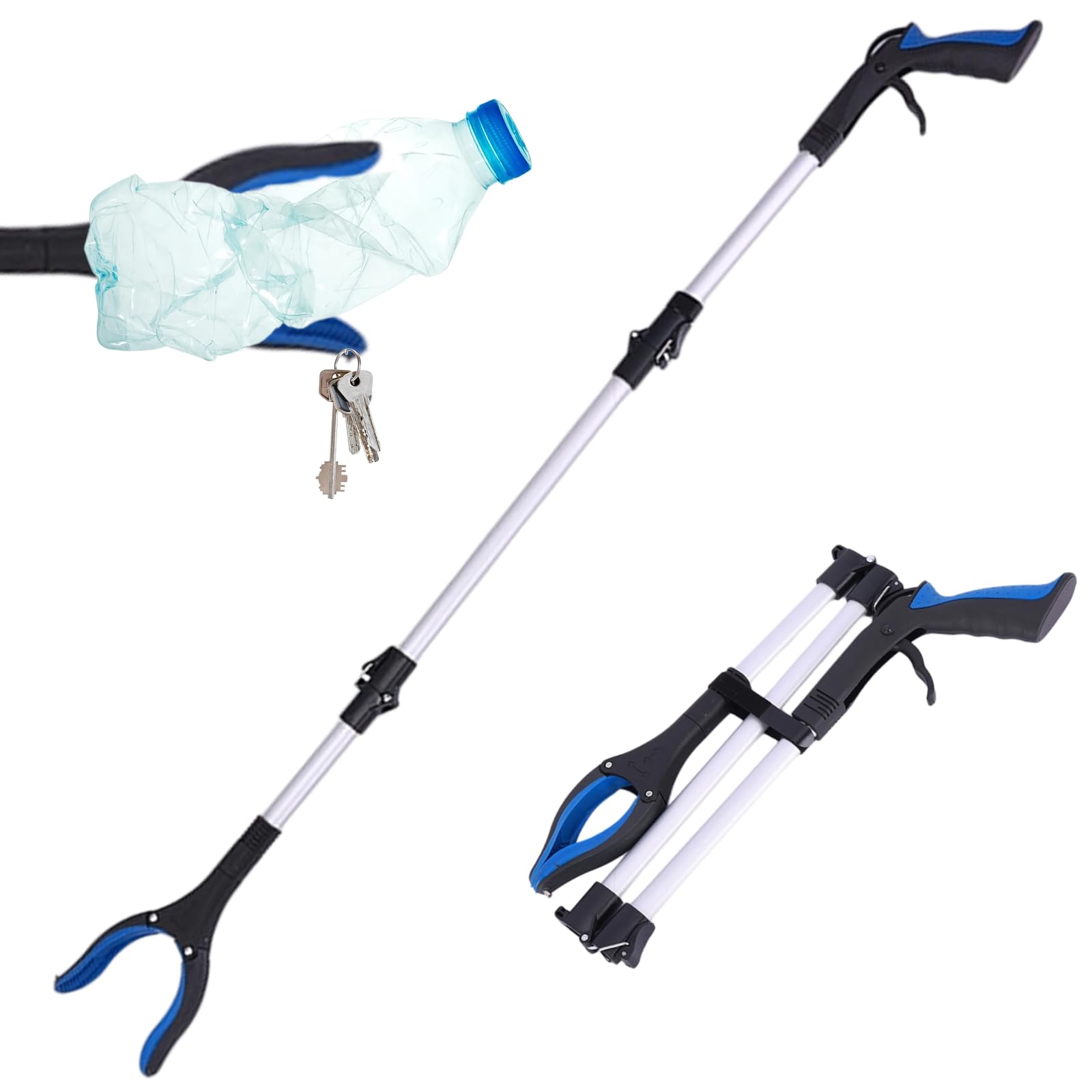 Pinza Raccogli Oggetti Telescopica 91 Cm - Bastone Prensile Per Anziani, Testa Rotante 360&deg;, Blu